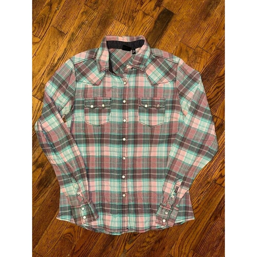 Girls Cruel Girl Blue/Pink Pearl Snap Shirt Size Medium